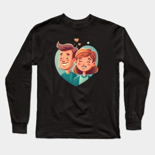 Illustration of a smiling couple in a blue heart on a pink background Long Sleeve T-Shirt